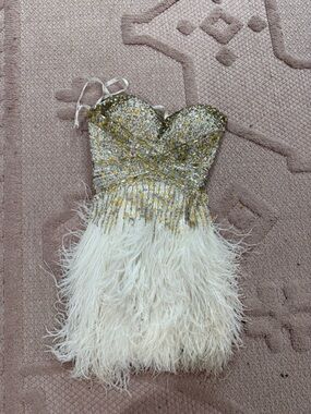 Sherri Hill Gold and Ivory Beaded Feathered Strapless Prom Dress